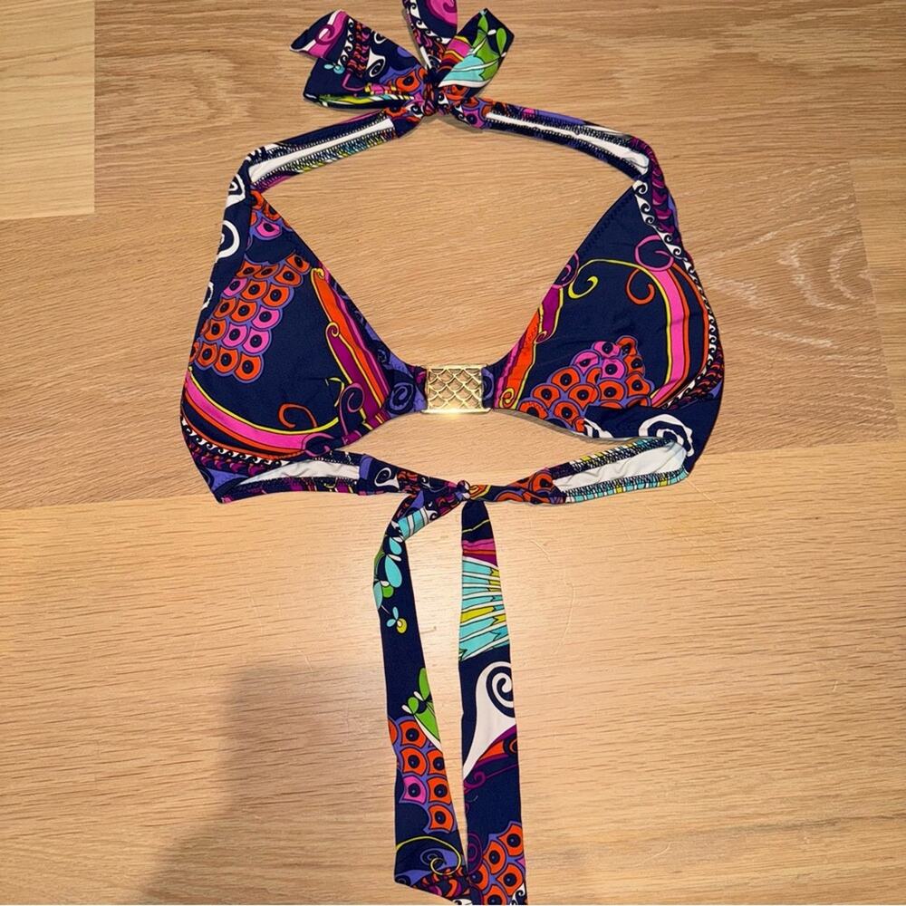 Trina Turk Triangle Blue Bikini Top with Gold Medallion 6 - Picture 2 of 8